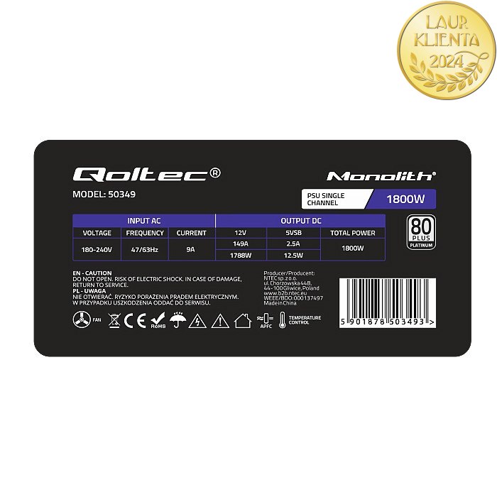 Qoltec Zasilacz PCI-E 1800W | 80 Plus Platinum | Data mining