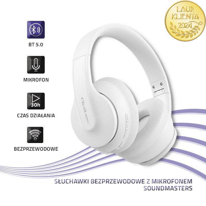 Qoltec Słuchawki bezprzewodowe Soundmasters z mikrofonem | BT 5.0 AB| Białe