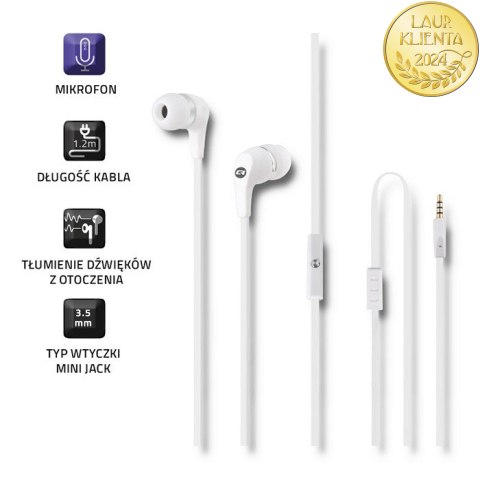 Qoltec Słuchawki dokanałowe z mikrofonem | Białe | Płaski kabel 1.2m