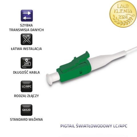 Qoltec Pigtail światłowodowy LC/APC | Singlemode | 9/125 | G652D | 2m