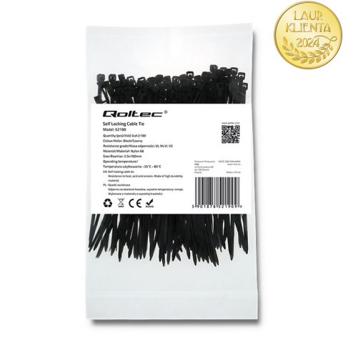 Qoltec Opaski zaciskowe Trytki kablowe | 2.5*100mm | 100 szt. | Nylon66 | UV | Czarne