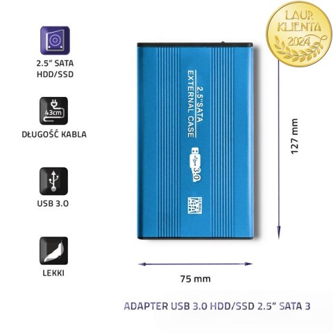 Qoltec Aluminiowa Obudowa | kieszeń do dysków HDD SSD 2.5" SATA3 | USB 3.0 | Niebieski