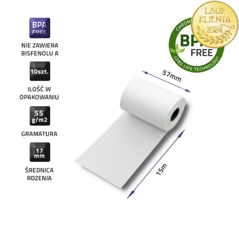 Qoltec Rolka termiczna 57 x 15 | 55g/m2 | 10szt. | BPA free