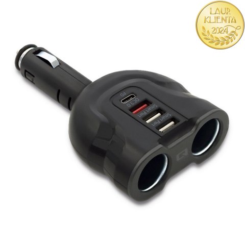 Qoltec Samochodowy rozdzielacz gniazda zapalniczki 12-24V | 52W | 2.4A | 2 x USB | USB QC 3.0 | USB typ C PD | 2 x gniazdo zapal