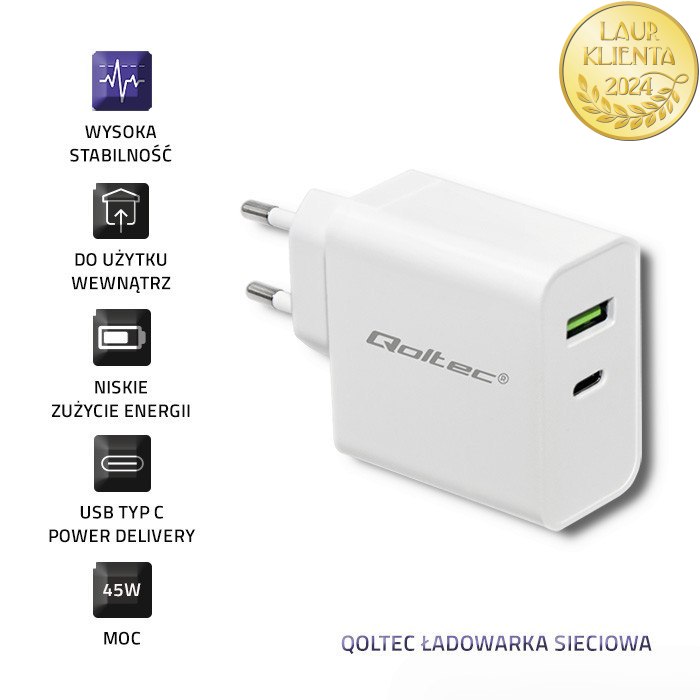 Qoltec Ładowarka sieciowa 45W | 5-20V | 2.4-3A | USB typ C PD | USB | Biała