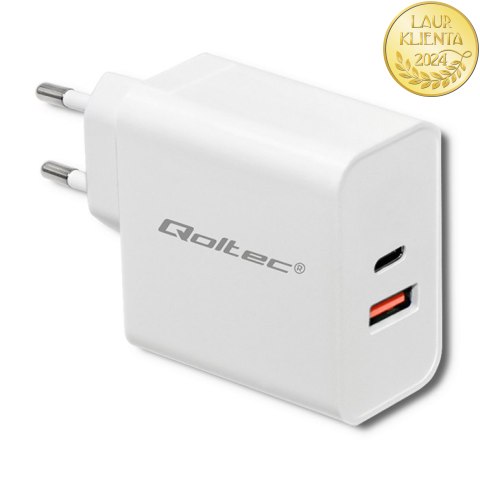 Qoltec Ładowarka sieciowa 63W | 5-20V | 1.5-3A | USB typ C PD | USB QC 3.0 | Biała