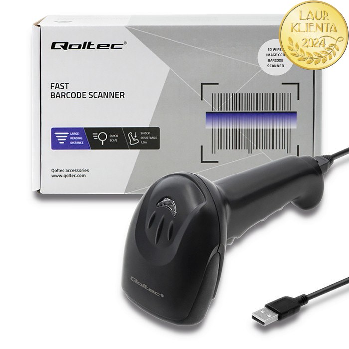 Qoltec Laserowy czytnik kodów kreskowych 1D | CCD | USB | Czarny
