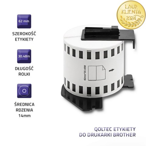 Qoltec Taśma do BROTHER DK-22205 | 62mm x 30.48m | Biała/ Czarny nadruk | Rolka z uchwytem