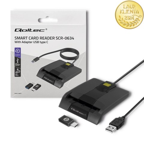 Qoltec Inteligentny czytnik chipowych kart ID SCR-0634 | USB 2.0 + Adapter USB-C