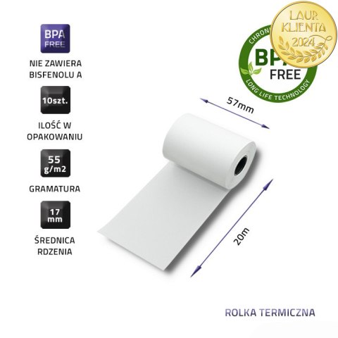Qoltec Rolka termiczna 57 x 20 | 55g/m2 | 10szt. | BPA free