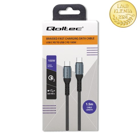 Qoltec Kabel USB 2.0 typ C | USB 2.0 typ C 100W | QC 3.0 | PD | 1.5m | Czarny