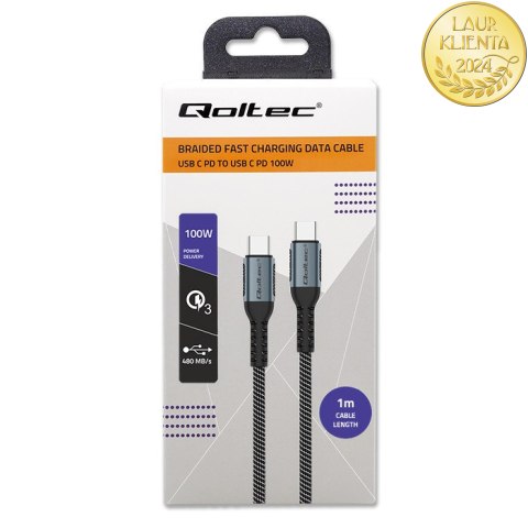 Qoltec Kabel USB 2.0 typ C | USB 2.0 typ C 100W | QC 3.0 | PD | 1m | Czarny