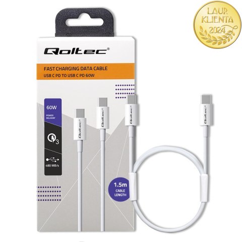 Qoltec Kabel USB 2.0 typ C | USB 2.0 typ C 60W | QC 3.0 | PD | 1.5m | Biały