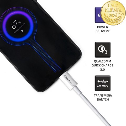 Qoltec Kabel USB 2.0 typ C | USB 2.0 typ C 60W | QC 3.0 | PD | 1.5m | Biały