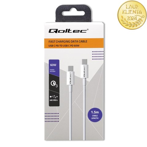 Qoltec Kabel USB 2.0 typ C | USB 2.0 typ C 60W | QC 3.0 | PD | 1.5m | Biały