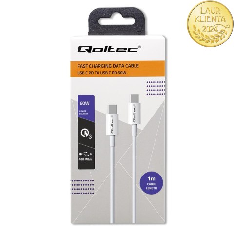 Qoltec Kabel USB 2.0 typ C | USB 2.0 typ C 60W | QC 3.0 | PD | 1m | Biały