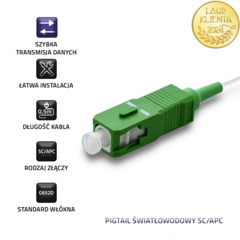 Qoltec Pigtail światłowodowy SC/APC | Singlemode | 9/125 | G652D | 0.5m