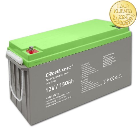 Qoltec Akumulator żelowy Deep Cycle | 12V | 150Ah | 44.5kg | Bezobsługowy | Professional | LongLife | PV, UPS, kamper