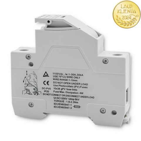 Qoltec Podstawa bezpiecznikowa z diodą + bezpiecznik DC | 1P|1000V |15A |10x38 |solar