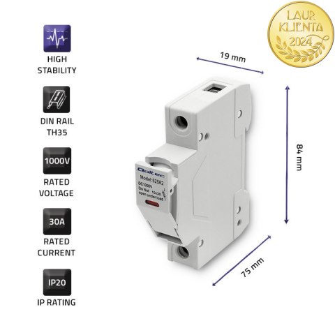 Qoltec Podstawa bezpiecznikowa z diodą + bezpiecznik DC| 1P|1000V |30A |10x38 |solar