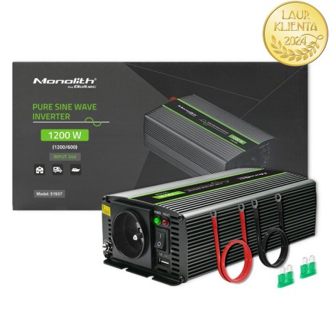 Qoltec Przetwornica napięcia Monolith | 600W | 1200W | 24V na 230V | Czysty Sinus