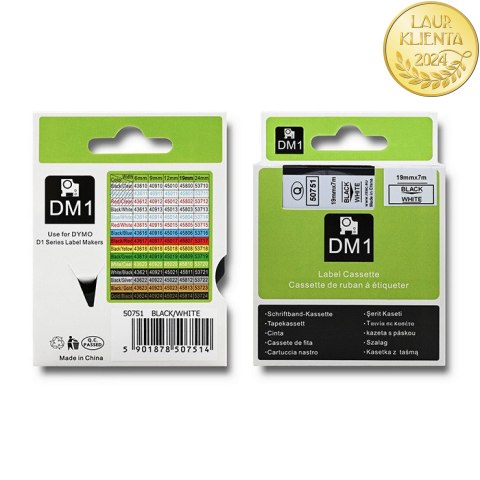 Qoltec Taśma do DYMO D1 45803, 45808 | 19mm x 7m | Biała/Czarny nadruk