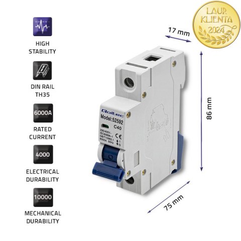 Qoltec Wyłącznik nadprądowy C40 | Bezpiecznik | AC | 40A |1P