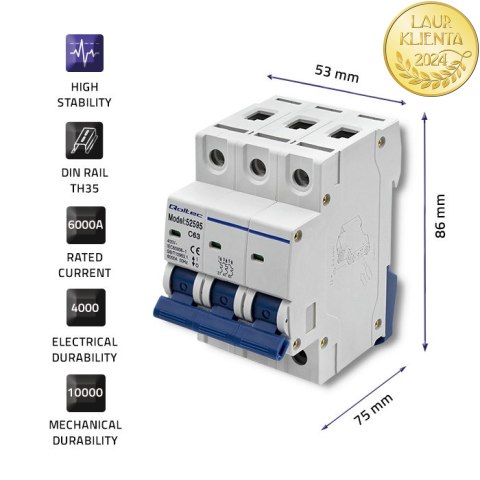 Qoltec Wyłącznik nadprądowy C63 | Bezpiecznik | AC| 63A | 3P