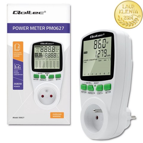 Qoltec Watomierz Licznik zużycia energii PM0627 z historią pomiaru| 3680W | 16A | LCD