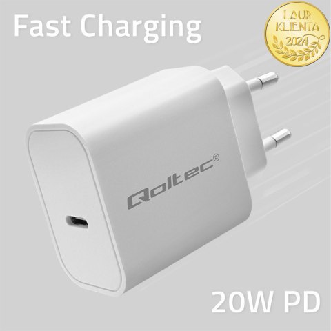 Qoltec Ładowarka Super Quick PD | USB-C | 20W | 5-12V | 1.67-3A | Biała