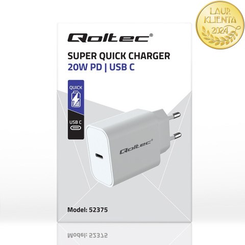 Qoltec Ładowarka Super Quick PD | USB-C | 20W | 5-12V | 1.67-3A | Biała