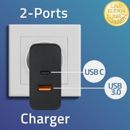 Qoltec Ładowarka Super Quick PD | 1xUSB-C | 1xUSB | 90W | 5-20V | 2.4-4.35A | Laptop | Smartfon | Czarna