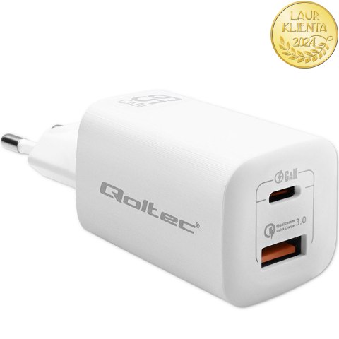 Qoltec Ładowarka sieciowa 65W GaN ULTRA | 5-20V | 2.25-3.25A | 1 x USB typ C PD | 1 x USB QC 3.0 | Biała