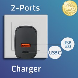 Qoltec Ładowarka GaN POWER PRO | 1xUSB-C | 1xUSB | 30W | 5-20V | 1.5-3A | Czarna