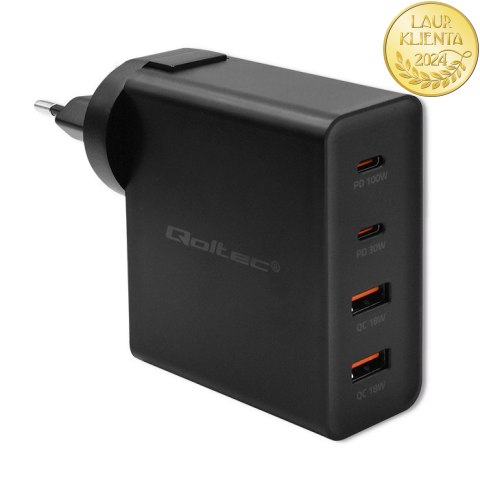 Qoltec Ładowarka GaN POWER PRO | 2xUSB-C | 2xUSB | 130W | 5-20V | 1.5-5A | PD | Czarna