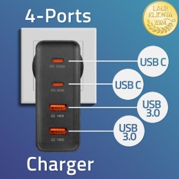 Qoltec Ładowarka GaN POWER PRO | 2xUSB-C | 2xUSB | 130W | 5-20V | 1.5-5A | PD | Laptop | Smartfon | Czarna