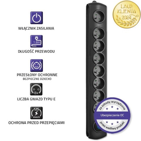 Qoltec Listwa zasilająca antyprzepięciowa | 8 gniazd | 1.8m | Czarna