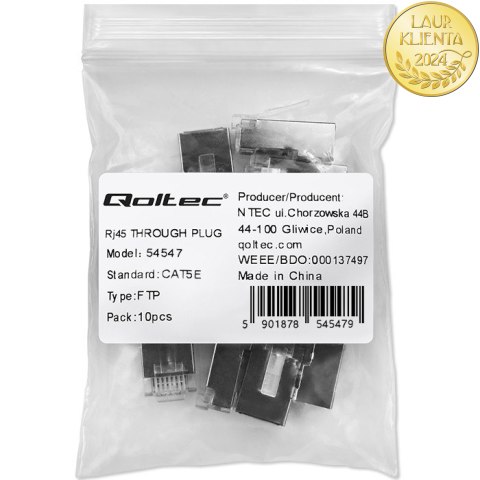 Qoltec Wtyk przelotowy złącze RJ45 | CAT5e | FTP | Pass Through | Pozłacane styki | 10 sztuk