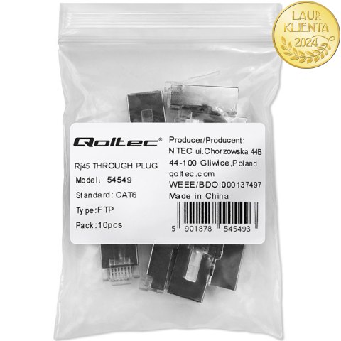 Qoltec Wtyk przelotowy złącze RJ45 | CAT6 | FTP | Pass Through | Pozłacane styki | 10 sztuk