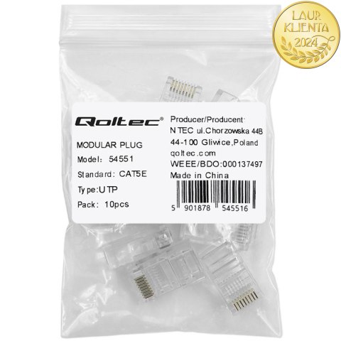 Qoltec Wtyk złącze modularne RJ45 | CAT5e | UTP | Pozłacane styki | 10 sztuk