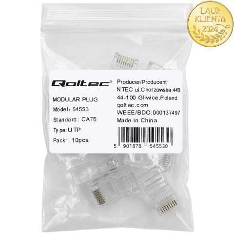 Qoltec Wtyk złącze modularne RJ45 | CAT6 | UTP | Pozłacane styki | 10 sztuk