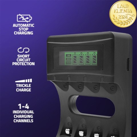 Qoltec Ładowarka do akumulatorków Ni-MH typu R03 AAA R6 AA | LCD | Kabel USB