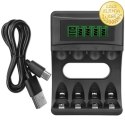 Qoltec Ładowarka do akumulatorków Ni-MH typu R03 AAA R6 AA | LCD | Kabel USB