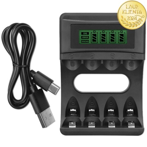 Qoltec Ładowarka do akumulatorków Ni-MH typu R03 AAA R6 AA | LCD | Kabel USB