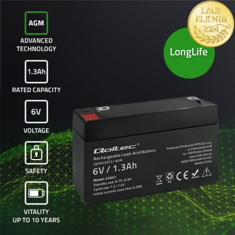 Qoltec Akumulator AGM | 6V | 1.3Ah | Bezobsługowy | Wydajny | LongLife | do UPS, wagi, kasy