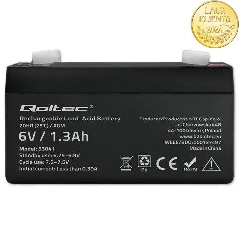 Qoltec Akumulator AGM | 6V | 1.3Ah | Bezobsługowy | Wydajny | LongLife | do UPS, wagi, kasy