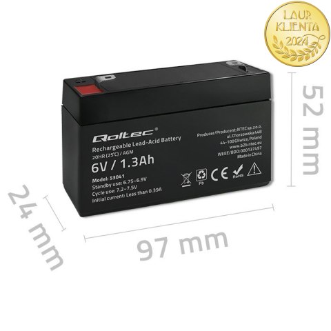 Qoltec Akumulator AGM | 6V | 1.3Ah | Bezobsługowy | Wydajny | LongLife | do UPS, wagi, kasy