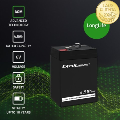 Qoltec Akumulator AGM | 6V | 4.5Ah | Bezobsługowy | Wydajny | LongLife | do UPS, wagi, kasy