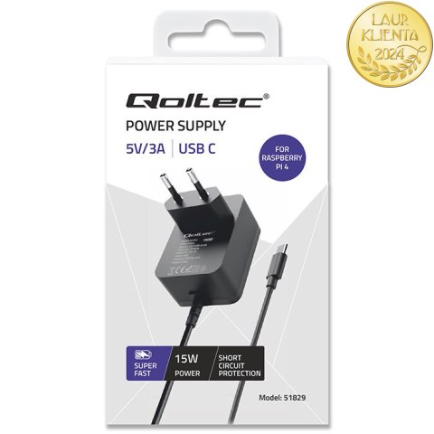 Qoltec Ładowarka Super FAST PD do Raspberry PI 4 | USB-C | 15W | 5V | 3A | Czarna