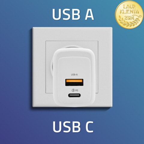 Qoltec Ładowarka sieciowa 20W GaN | 5-20V | 1.5-3A | 1 x USB-C PD | 1 x USB QC 3.0 | Biała